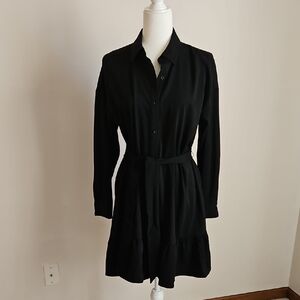 Nine West SZS Shirtdress Black Ruffle Tier Minimalist Office Preppy Academia